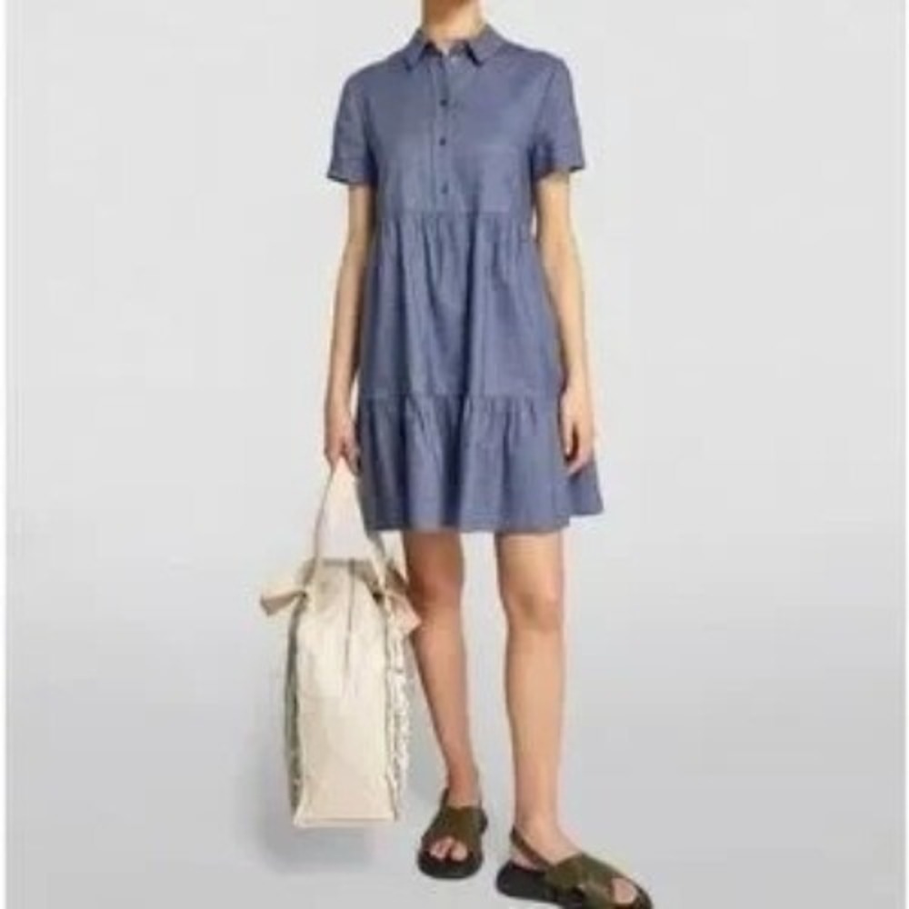 Claudie Pierlot Linen‎ Cotton Tiered Mini Shirt Dress 40/Med Blue Denim Collared